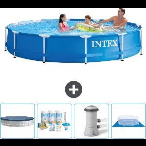 Intex Rond Frame Zwembad - 366 x 76 cm - Blauw - Inclusief Afdekzeil - Onderhoudspakket - Zwembadfilterpomp - Grondzeil