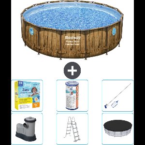 Bestway Rond Power Steel Swim Vista Zwembad - Houtprint - 488 x 122 - Inclusief Pomp - Ladder - Afdekzeil Onderhoudspakket - Filter - Schoonmaakset