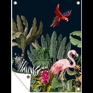 Tuinposter - Tuindoek - Tuinposters buiten - Jungle - Planten - Dieren - Kinderen - Flamingo - Zebra - 90x120 cm - Tuin
