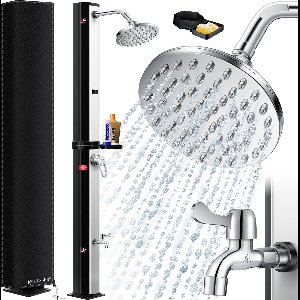 KESSER® Buitendouche zonneenergie - Tuindouche Solar 40 Liter Warm Water max. 60°C Camping Douche met Geïntegreerde metalen Douchebak inclusief Beschermhoes - Zwart / Zilver