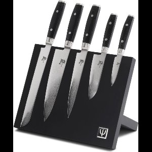 Yaxell Ran Messenset – 6-delig – Beukenhouten Magnetische Messenhouder met 5 Messen – 69 Lagen Damaststaal – VG10 Staal – 61 HRC – Canvas-Micarta Heft