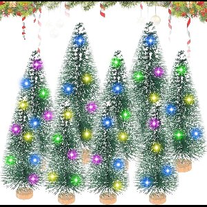 Mini Christmas Tree Pack - Set of 9 Artificial Trees with Wooden Base and String Lights - Miniature Pine Trees for Table Decoration in 3 Sizes