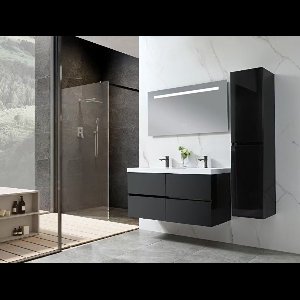 Badkamermeubelset Haviklux 120 cm - Hoogglans zwart - Dubbele wasbak - 1 zijkast - Incl. kranen