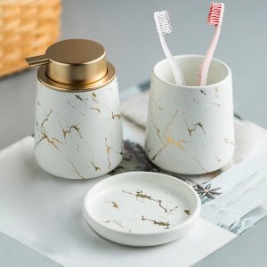 Azomor® Stijlvolle 4-delige marmeren badkameraccessoireset met gouden accenten