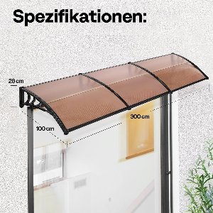 NoaHome Luxe Polycarbonaat Deur Luifel 300 x 100 cm – Waterdichte Voordeur Overkapping & Raam Zonwering – Sterke Boogluifel met Zwarte ABS Beugels & Aluminium Profielen – Weerbestendig, UV-bescherming & Regenafvoer – Bruin