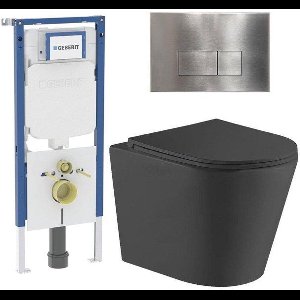 QeramiQ Dely Toiletset - 36.3x51.7cm - diepspoel - rimless - Geberit UP720 inbouwreservoir - softclose toiletzitting - steel bedieningsplaat - rechtehoekige knoppen - zwart mat