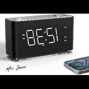 Mrs. Jones Digitale FM-radio Niet tikkend dubbel alarm met snooze Opladen via USB Nachtlampje Dimmerbediening Slaap-naar-radiotimer Extra ingang Back-upbatterij iTOMA CKS507 .
