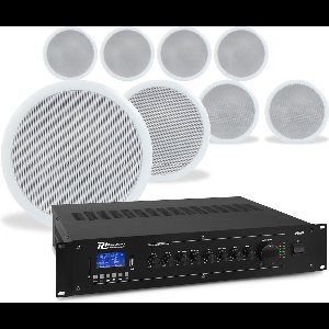 Power Dynamics Plafondspeaker set met 8 witte inbouwspeakers - 100V - Inclusief Bluetooth - 5 inch