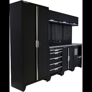 Kraftmeister werkplaatsinrichting - Werkbank met 3 wandkasten, 1 werkplaatskast en RVS werkblad - Werktafel met 5 laden, 1 opbergkast, 1 prullenbak en gereedschapswand - Complete set voor werkplaats of garage - Zwart