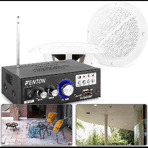 Weerbestendige 5 speakerset + versterker en kabel voor muziek op terras of veranda