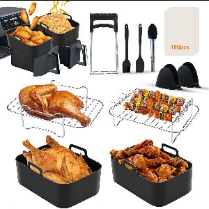Namajunas - Airfryer accessoires - Airfryer Accessoires Set van 12 Stuks voor Ninja Dual Air Fryer AF300UK AF400UK Tower T17088 en Andere 7.6L-9.5L Dual Airfryers - Siliconen Liners - Roosters & Handschoenen - Tang & Borstel - Clip & Bakpapier