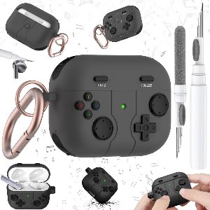 Jhubers Goods - Siliconen hoes voor AirPods 4 Generatie, Retro Gameconsole design, zwart met sleutelhanger