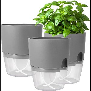 longziming -Zelfbewaterende Bloempot Set van 3 – Grijs – Automatisch Bewateringssysteem met Waterniveau-indicator – 18,2 cm Hoog voor Kruiden en Kamerplanten