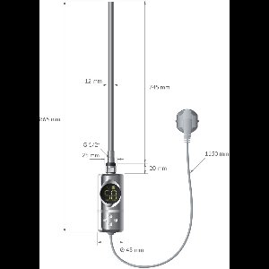 Elektrische badkamerradiator met verwarmingselement 1200W 400x1200 mm chroom gebogen met zijaansluiting & thermostaat digitaal display LuxeBath
