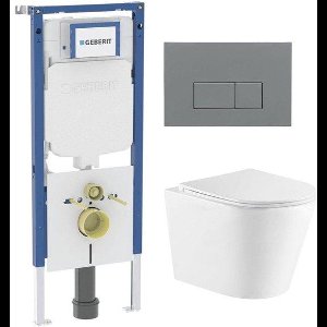QeramiQ Dely Toiletset - 36.3x51.7cm - diepspoel - rimless - Geberit UP720 inbouwreservoir - softclose toiletzitting - bedieningsplaat licht grijs - rechtehoekige knoppen - wit glans