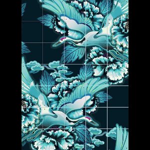 IXXI Crane Bird Pattern Cloudy Petrol, Marylène Madou - 100 x 140 cm - Gratis ophangtool - Grote wanddecoratie en posters - Illustraties, Digitale