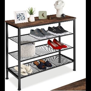 tectake® Smal Schoenenrek met Opbergruimte – Hout & Metaal, Industriële Stijl, 4 Niveaus, 3 Roosterplanken, 80,5x30,5x72,5 cm – Industrial Dark Brown