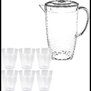 Secret de Gourmet Sapkan/schenkkan karaf met deksel - 2 liter - met 12x drinkglazen 250 ml - kunststof - transparant