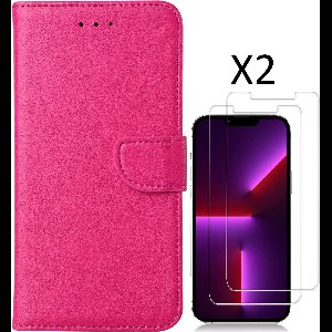Hoesje Geschikt voor iPhone 14 Pro Max – bookcase met 2 stuks screenprotector tempered glass – Roze