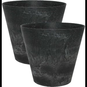 Ter Steege Plantenpot/bloempot - 2x - natuursteen look zwart - D17 x H15 cm