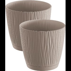 Prosperplast Plantenpot/bloempot Waves - 2x stuks - kunststof - taupe - D15 x H14 cm - binnen/buiten - met opvangschaal