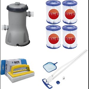 Bestway - Zwembadstofzuiger AquaClean & Filterpomp 3028 L/u & 4 Filters Type II & WAYS Scrubborstel