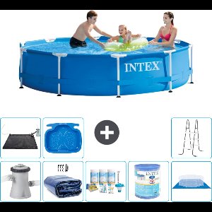 Intex Rond Frame Zwembad - 305 x 76 cm - Blauw - Inclusief Pomp Solarzeil - Onderhoudspakket - Filter - Grondzeil - Solar Mat - Ladder - Voetenbad
