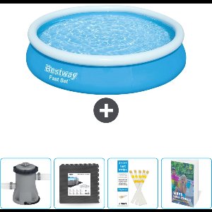 Bestway Rond Opblaasbaar Fast Set Zwembad - 366 x 76 cm - Blauw - Inclusief Pomp Vloertegels - Testrips - Zwembadgids