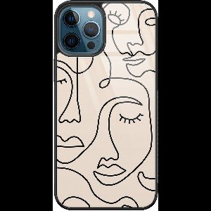 Hoesje geschikt voor iPhone 12 - Abstract gezicht lijnen - Luxe Glazen Hardcase - Hippe print - Bruin - Leuke Telefoonhoesjes