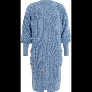 Knit Factory Patty Lang Gebreid Vest Crystal Blue - Gebreide dames cardigan - Lang vest tot over de knie - Lichtblauw damesvest - Pofmouw - 30% wol en 70% acryl - 40/42
