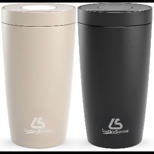 LuckySense® Koffiebeker to go - Set van 2 - Thermosbeker - Travel Mug - 380ml - RVS - Lekvrij - Zwart & Taupe