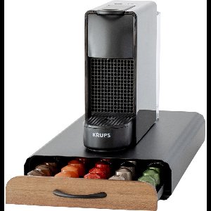 Capsulehouder met Lade – Koffiecups houder – Geschikt voor Nespresso – 50 Cups - RVS - Zwart met Bamboe Hout