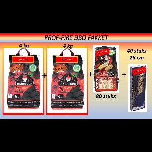 Prof-Fire | BBQ pakket - 2 Zakken BBQ Briketten 4 Kg (8 Kg) + 80 Houtwol Krullen + Extra Lange Lucifers 40 stuks / 28 cm - Kamado - BBQ - Vuurschaal..