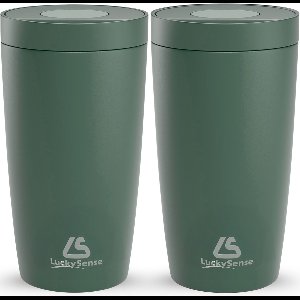 LuckySense® Koffiebeker to go - Set van 2 - Thermosbeker - Travel Mug - 380ml - RVS - Lekvrij - Donkergroen