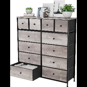 DoneMore® - Retro Ladekast met 12 Lades – Metalen Frame – Houtlook – Grijs – Opbergvakken – 110x100x30cm