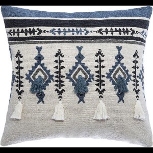 Kussensloop ETNIK macramé  pompon 40x40, blauw grijs