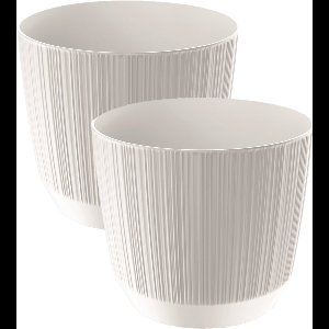 Prosperplast Plantenpot - 2x stuks - stripe - wit - kunststof - D13xH11 cm - voor binnen/buiten