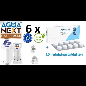 Agua Next CaffeeMax waterfilter vervanging voor Delonghi koffiemachine, 6 st. + extra Tabletten voor het reinigen en ontvetten van de koffiemachine - 10 x 2g - universele reinigingstabletten