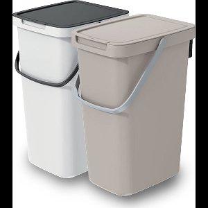 Keden GFT/rest afvalbakken set - 2x - 25L - beige/wit - 26 x 29 x 48 cm - afval scheiden