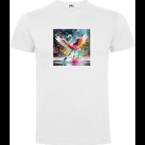 Wit T-Shirt met “ Kleurrijke Flamingo“ Print Full Color Maat L