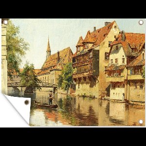 Tuinschilderij En mand i en båd i en tysk by - schilderij van August Fischer - 80x60 cm - Tuinposter - Tuindoek - Buitenposter