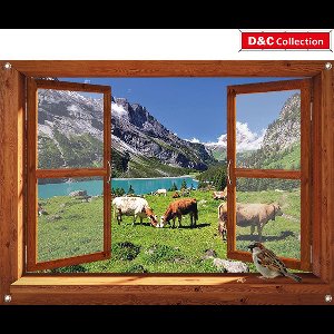 D&C Collection - tuinposter - 90x65 cm - Bruin luxe venster met bergwei, koeien, bergen, mus - tuin decoratie - tuinposters buiten - schuttingposter - tuinschilderij