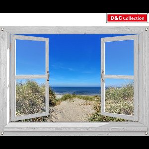 D&C Collection - tuinposter - 90x65 cm - doorkijk - Openslaand venster wit - luxe uitvoering -duinovergang naar strand - balkonposter - tuindoek - tuin decoratie
