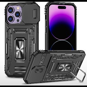 Podec Hoesje geschikt voor iPhone 14 Pro Zwart Telefoonhoesje - Anti-Shock Case Cover Hybrid Armor Hoes met Kickstand Ring met Screenprotector