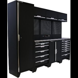 Kraftmeister werkplaatsinrichting - Werkbank met 3 wandkasten, 1 werkplaatskast, 1 opbergkast en RVS werkblad - Werktafel met 12 laden en gereedschapswand - Complete set voor werkplaats of garage - Zwart