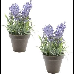 Bellatio Kunstplant - 2x stuks - lavendel - paars - 17 cm - in pot - lavandula