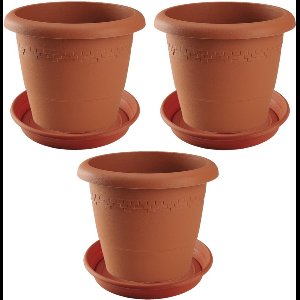 3x stuks bloempotten met onder opvangschaal in kleur terra cotta - rond diameter pot 30 cm - Plantenpotten/bakken