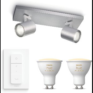 Philips Hue Runner Opbouwspot (Aluminium) - Warm tot Koelwit Licht - Incl. Hue Dimmer Switch - Plafondspot met 2 Lichtpunten - GU10 - Hue White Ambiance