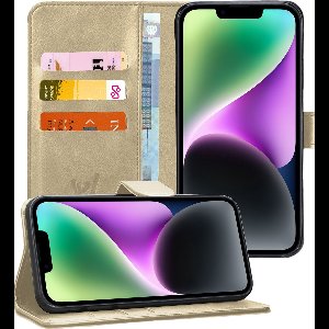 Hoesje geschikt voor iPhone 14 Plus - Book Case Kunstleer Wallet Cover Portemonnee Pasjeshouder Hoes Goud