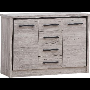 Belfurn - elias Ladenkast 2 deuren en 4 lades in grijze eik met zwarte sierstrip